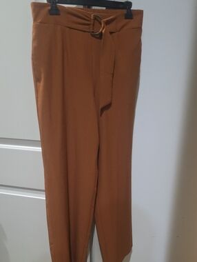 High-Waist Belted Polyester/spandex Pants in Caramel Brown - Women's